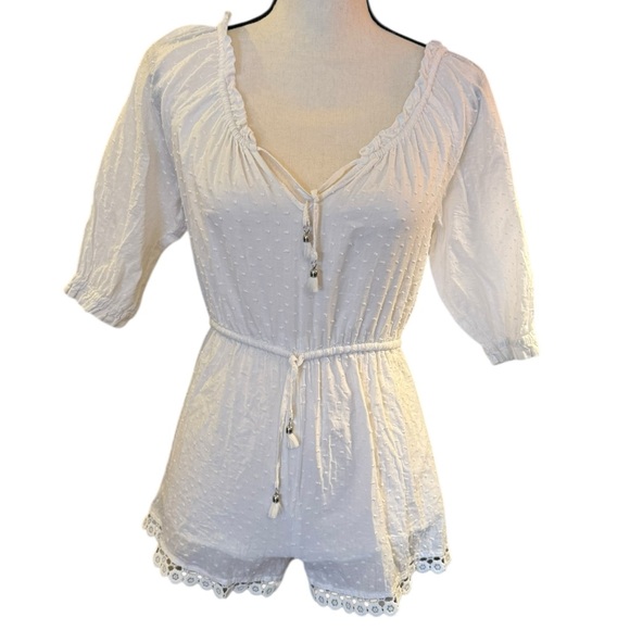Zimmermann White Swiss Dot Cotton Romper Off Shoulder Tie Waist Size 8 M fits S - Picture 5 of 12